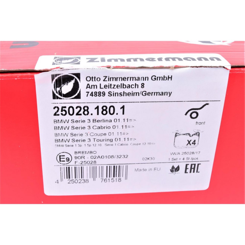Колодки гальмівні (передні) BMW 1 (F20/F21)/ 3 (F30/F31/F34)/ i8 (I12) 11- (Brembo)
