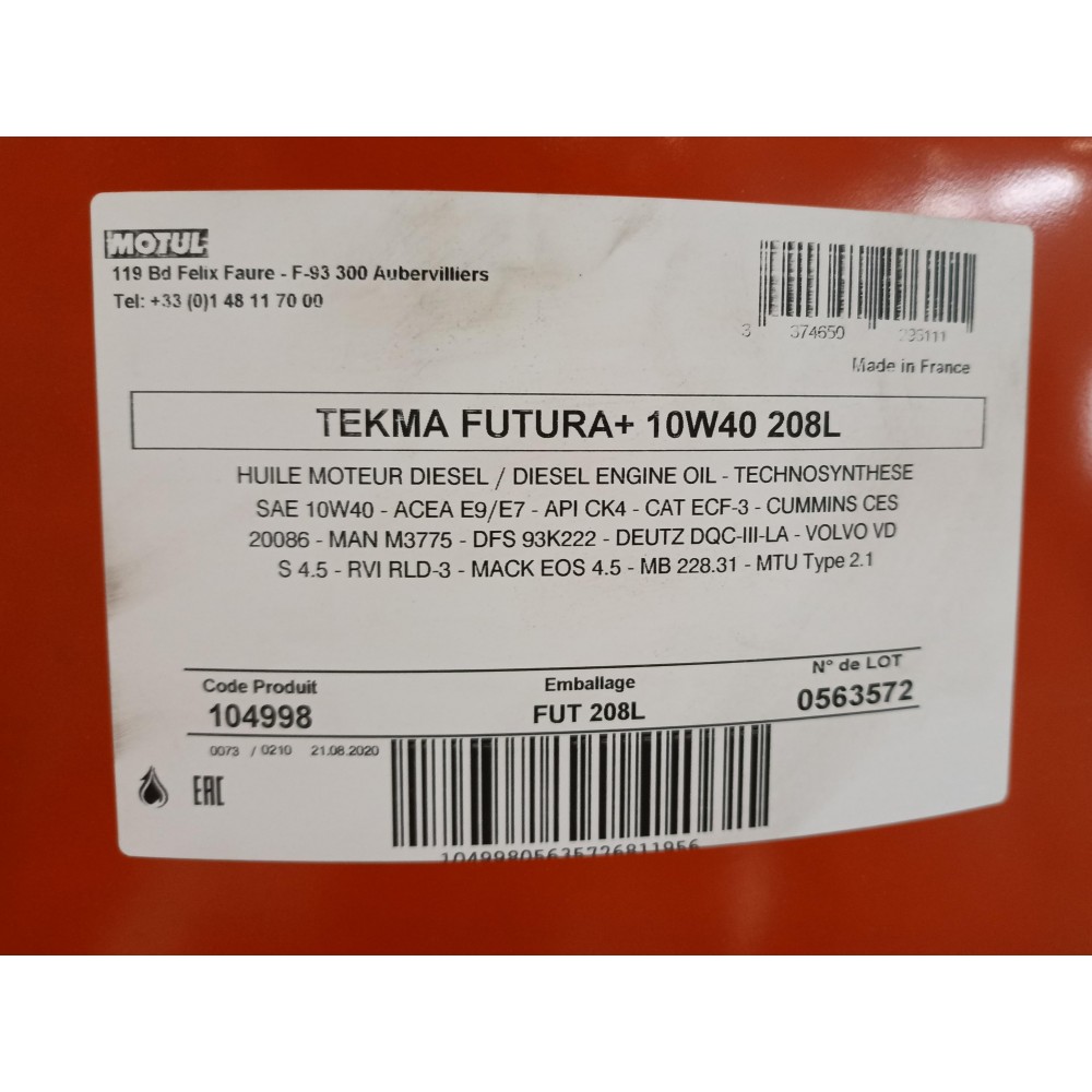 Олива 10W40 Tekma Futura+ SAE (208L) (MB 228.31/MTU TYPE 2.1/MAN 3775/DEUTZ DQC III-LA)