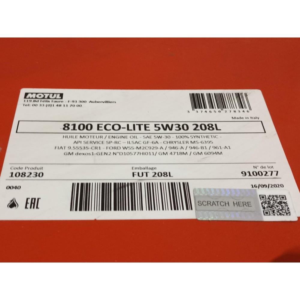 Олива 5W30 ECO-lite SAE 8100 (208L) (GM-dexos1 GEN2/FORD M2C 929-A/M2C 946-A ) (108230)